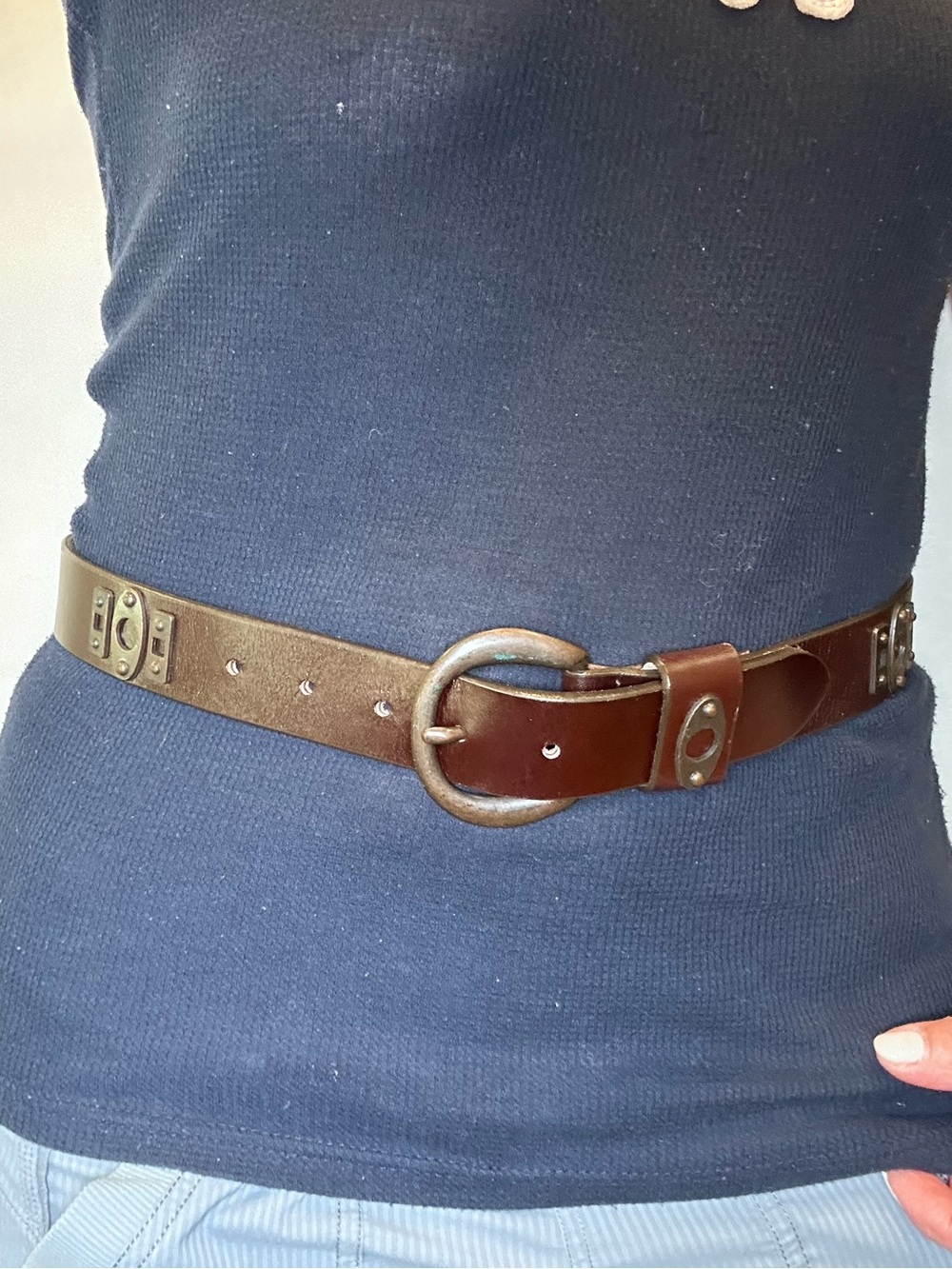 ESPRIT Brown Leather Belt Antiqued Silver Tone Hardware Size 29